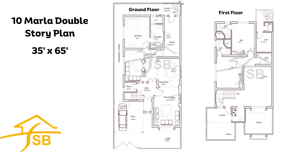 10 marla double story plan 35' x 65'